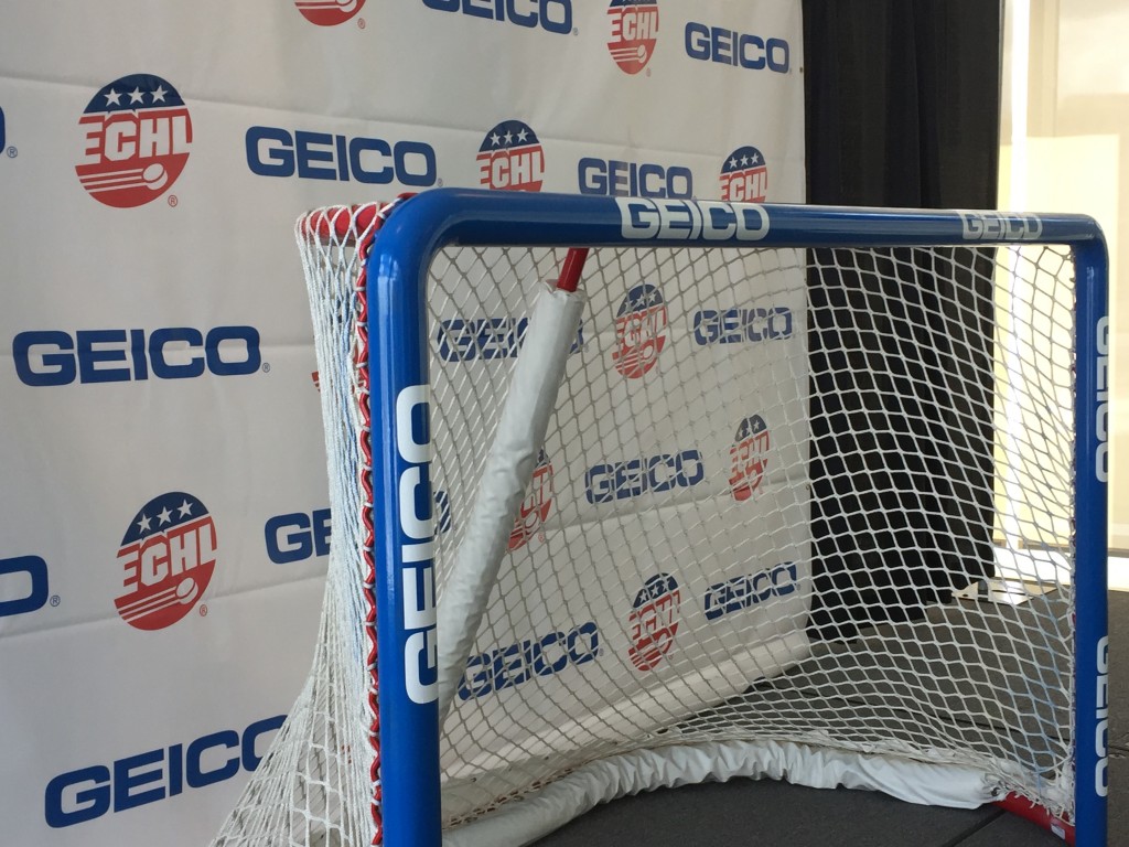 As part of a multiyear partnership with the ECHL, GEICO will sponsor blue goalposts and crossbars in the league. Photo by Philip Rossman-Reich